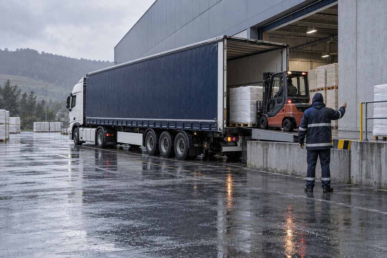 Carga de palets bajo lluvia fina en muelle del noroeste